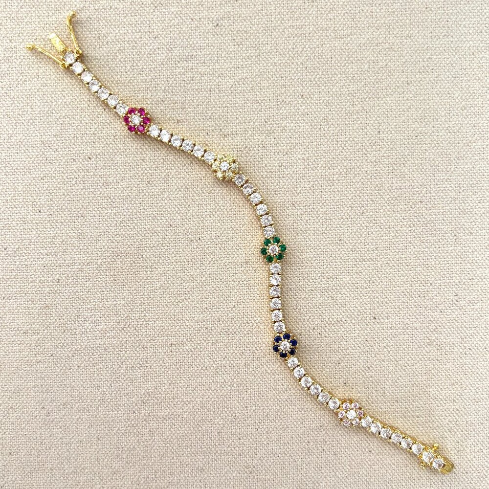 Rainbow Daisy Flower Gold Tennis Bracelet